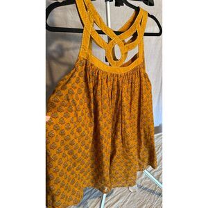World Market Boho Tank Top L/XL-NEW- Gold Mustard -Embellished Neckline